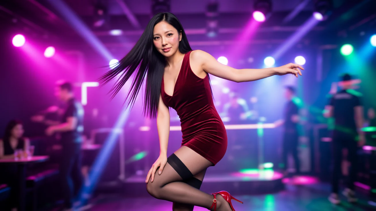 绯红礼服人物站在舞台灯光前的横幅 AI 写真